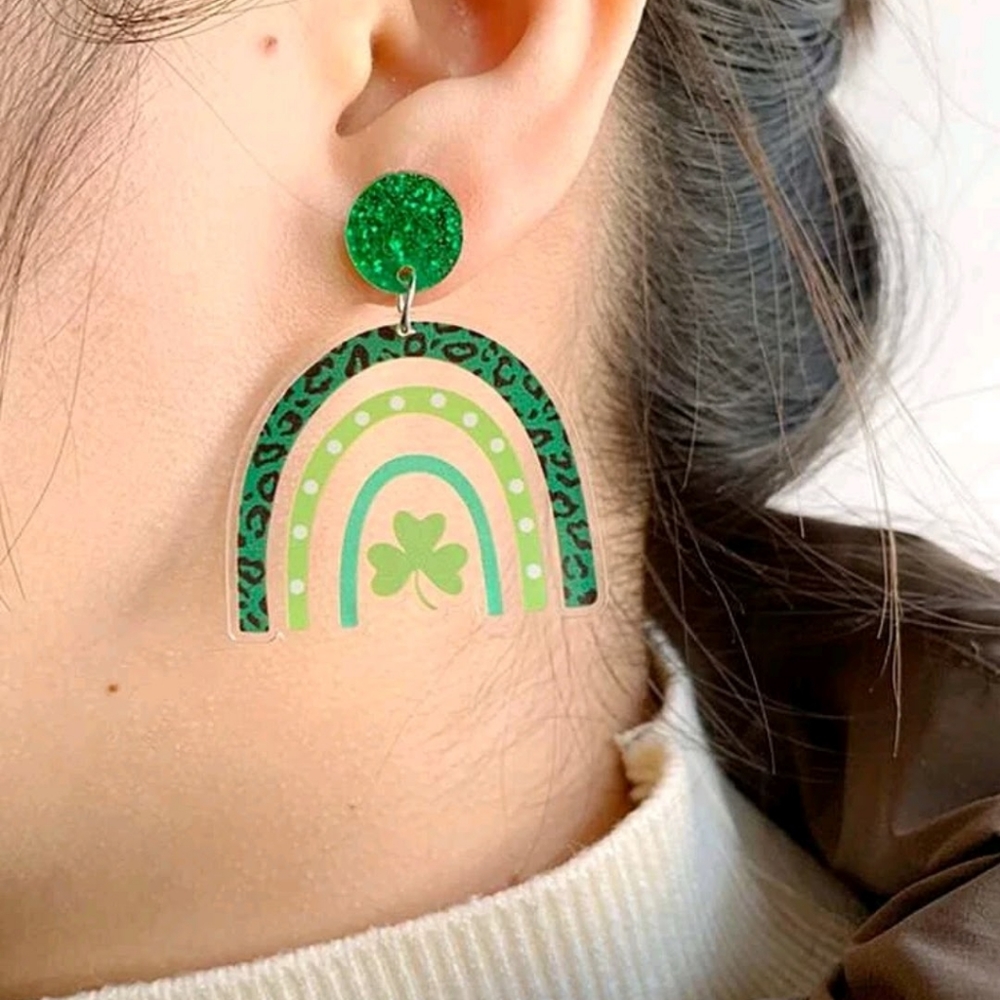 ☘️Rainbow Green Shamrock Glitter charm dangle St Patricks Earrings